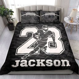 Personalized Football Quilt Bedding Set, Football Black Quilt Blanket With Pillowcases, Custom Name and Number Duvet Cover Set