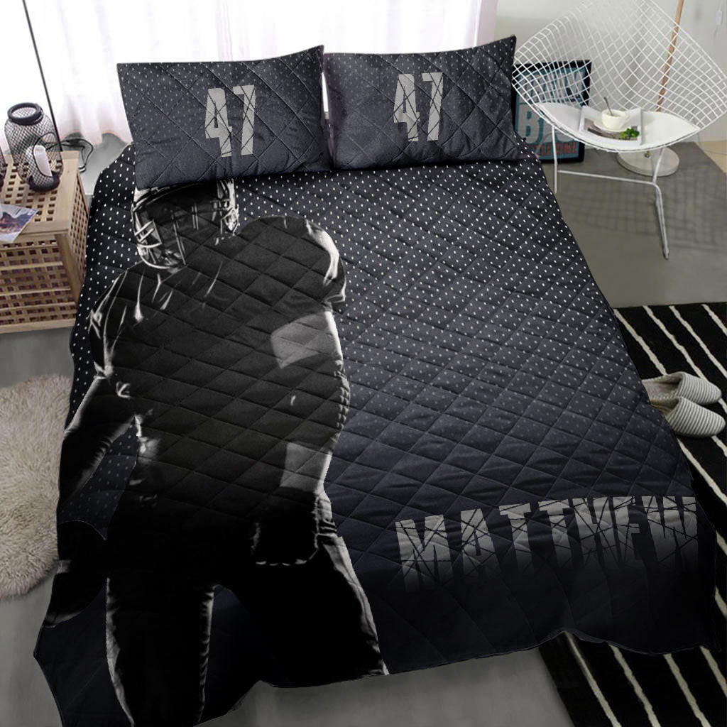 Personalized Football Quilt Bedding Set, Football Black Quilt Blanket With Pillowcases, Custom Name and Number Duvet Cover Set
