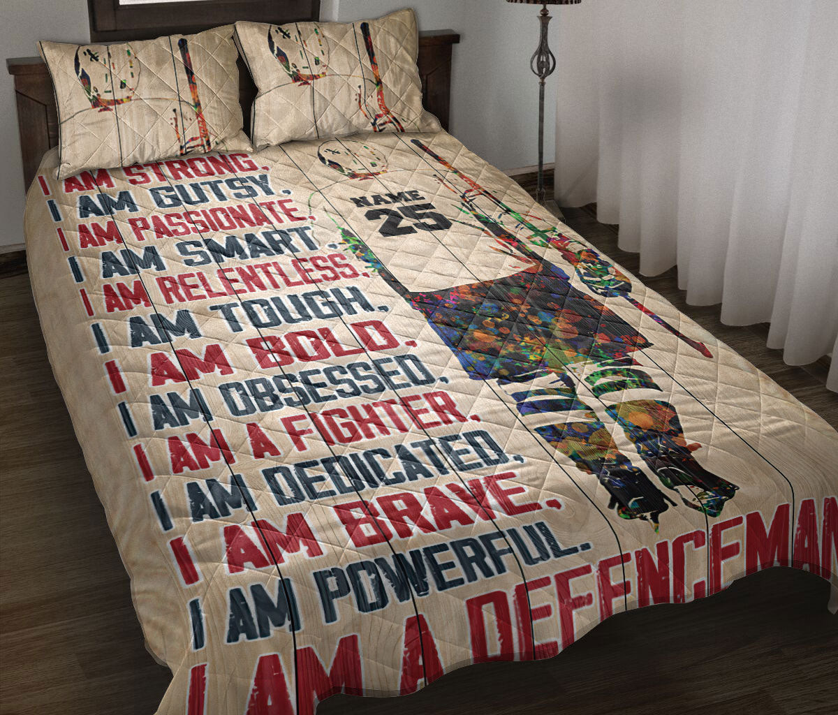 Personalized Hockey Quilt Bedding Set, Hockey Defenceman Boy Watercolor Quilt Blanket With Pillowcases, Custom Name and Number Duvet Cover Set