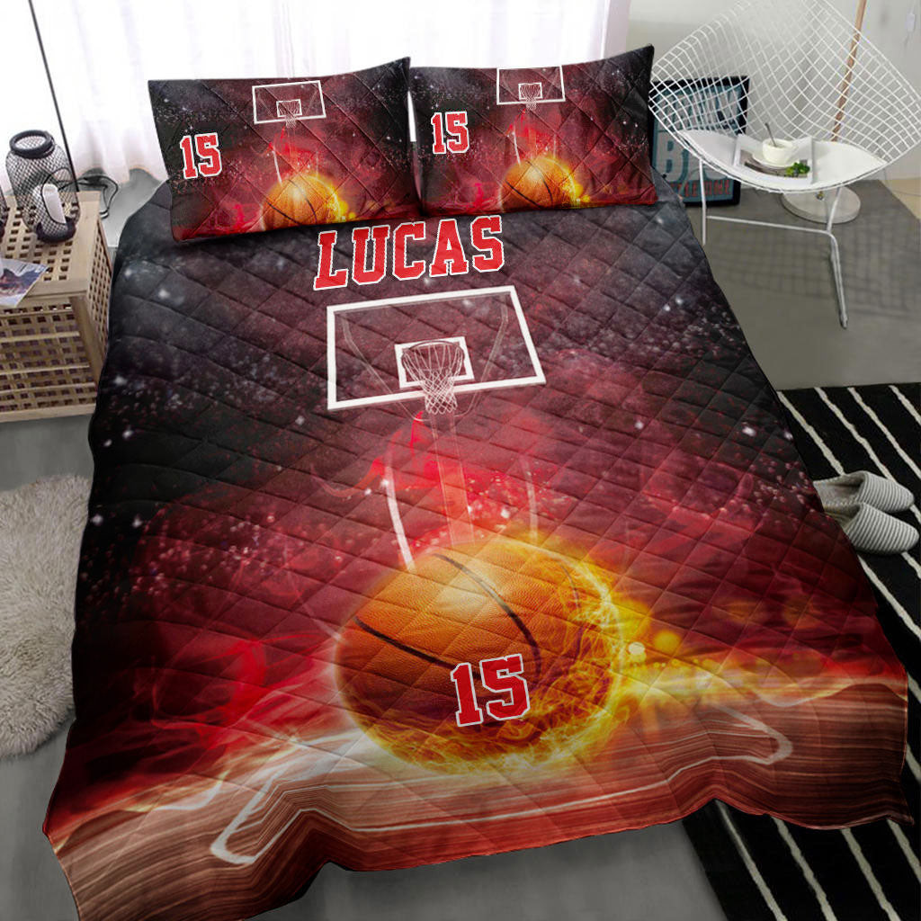 Personalized Basketball Quilt Bedding Set, Basketball Red Fire Ball Quilt Blanket With Pillowcases, Custom Name and Number Duvet Cover Set