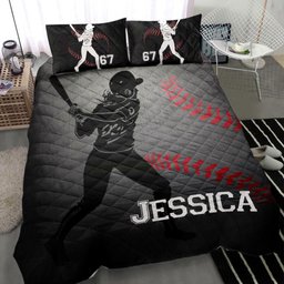Personalized Softball Quilt Bedding Set, Softball Batter Girl Grey Black Quilt Blanket With Pillowcases, Custom Name and Number Duvet Cover Set
