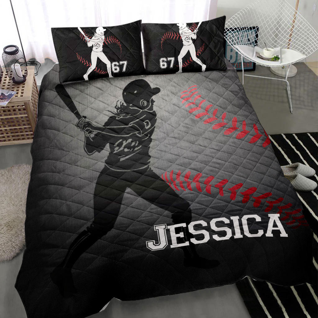 Personalized Softball Quilt Bedding Set, Softball Batter Girl Grey Black Quilt Blanket With Pillowcases, Custom Name and Number Duvet Cover Set