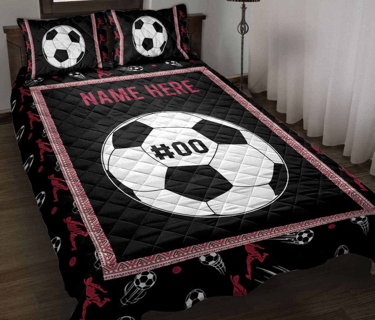 Personalized Soccer Quilt Bedding Set, Soccer Balls Quilt Blanket With Pillowcases, Custom Name and Number Duvet Cover Set