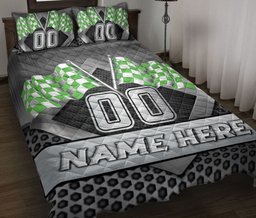 Personalized Racing Quilt Bedding Set, Racing Checkered Flag Green Quilt Blanket With Pillowcases, Custom Name and Number Duvet Cover Set