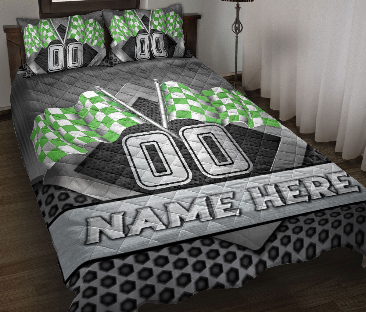 Personalized Racing Quilt Bedding Set, Racing Checkered Flag Green Quilt Blanket With Pillowcases, Custom Name and Number Duvet Cover Set