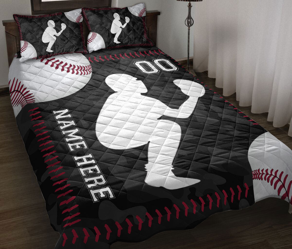 Personalized Baseball Quilt Bedding Set, Baseball Catcher Player Black Quilt Blanket With Pillowcases, Custom Name and Number Duvet Cover Set, Sports Gifts