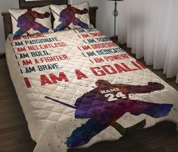 Personalized Hockey Quilt Bedding Set, Hockey Goalie I Strong Boy Quilt Blanket With Pillowcases, Custom Name and Number Duvet Cover Set