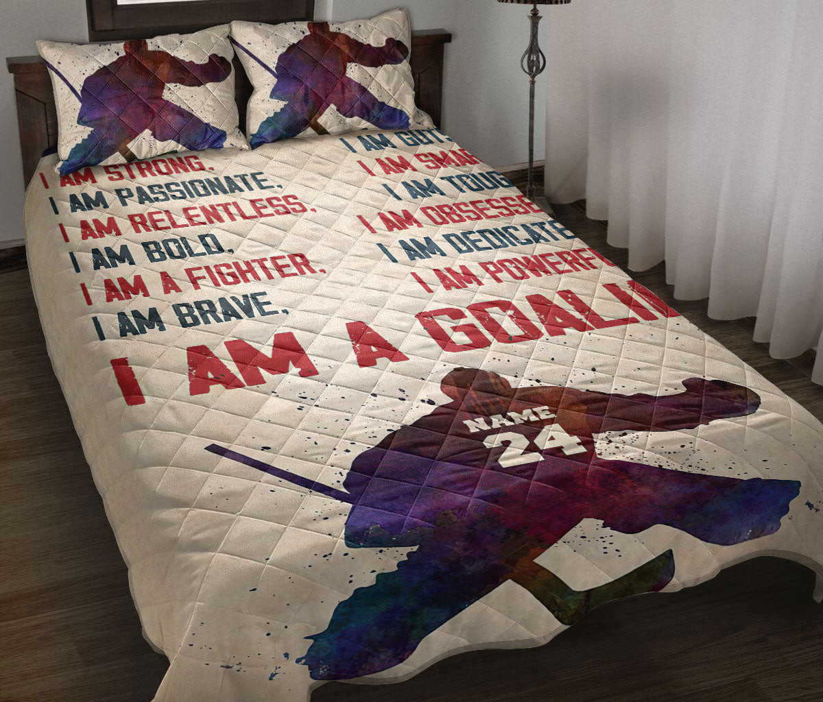 Personalized Hockey Quilt Bedding Set, Hockey Goalie I Strong Boy Quilt Blanket With Pillowcases, Custom Name and Number Duvet Cover Set