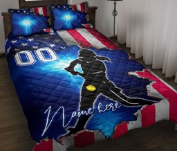 Personalized Softball Quilt Bedding Set, Batter Softball Girlian US Flag Quilt Blanket With Pillowcases, Custom Name and Number Duvet Cover Set