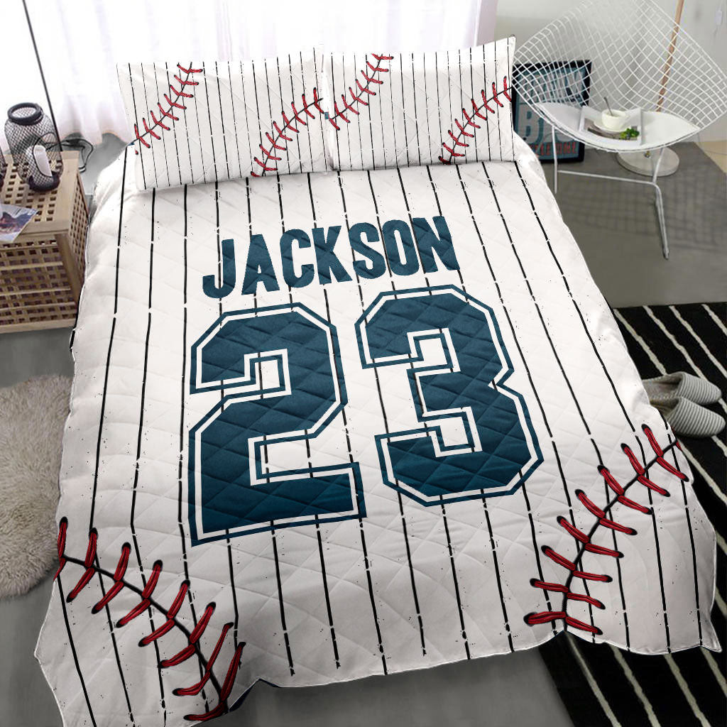 Personalized Baseball Quilt Bedding Set, Baseball Shirt White Quilt Blanket With Pillowcases, Custom Name and Number Duvet Cover Set, Sports Gifts