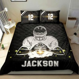 Personalized Football Quilt Bedding Set, Football Boy Ball Light Black Quilt Blanket With Pillowcases, Custom Name and Number Duvet Cover Set