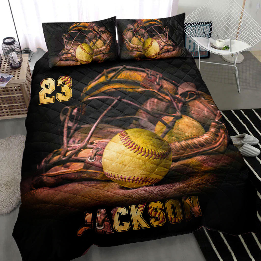 Personalized Softball Quilt Bedding Set, Softball Stuff Quilt Blanket With Pillowcases, Custom Name and Number Duvet Cover Set