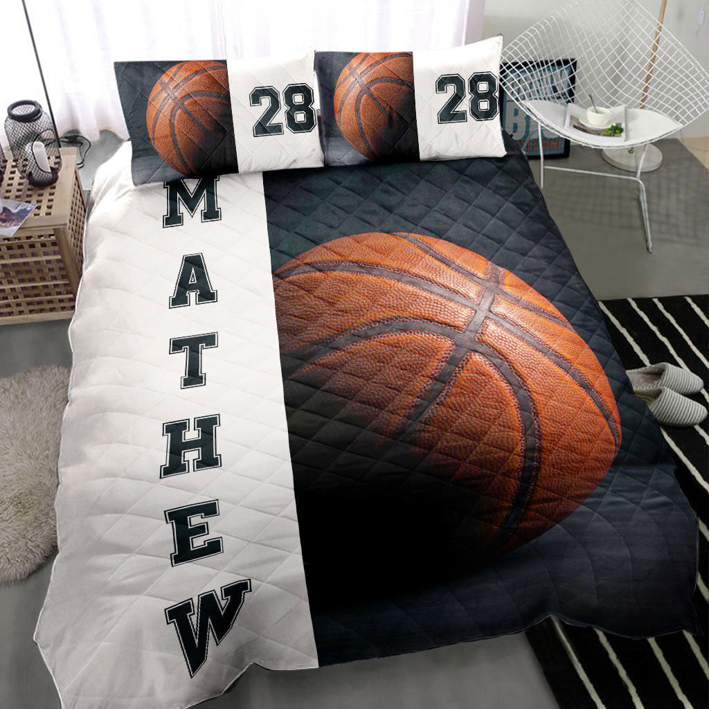 Personalized Basketball Quilt Bedding Set, Basketball Ball 3D Black Beige Quilt Blanket With Pillowcases, Custom Name and Number Duvet Cover Set