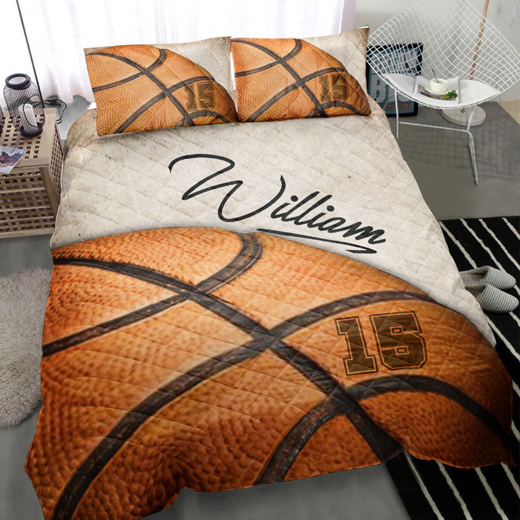 Personalized Basketball Quilt Bedding Set, Basketball Ball Beige Quilt Blanket With Pillowcases, Custom Name and Number Duvet Cover Set