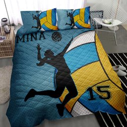 Personalized Volleyball Quilt Bedding Set, Volleyball Girl Turquoise Quilt Blanket With Pillowcases, Custom Name and Number Duvet Cover Set