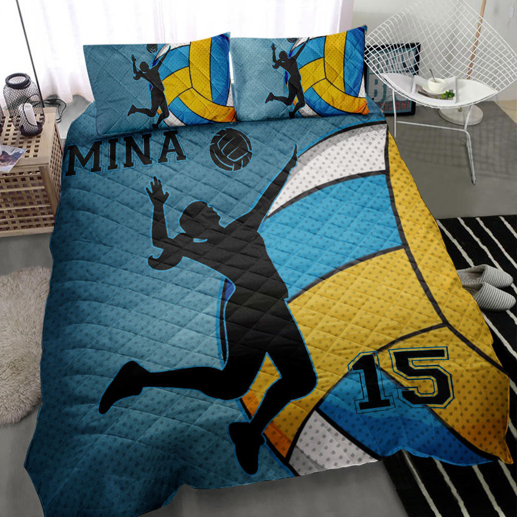 Personalized Volleyball Quilt Bedding Set, Volleyball Girl Turquoise Quilt Blanket With Pillowcases, Custom Name and Number Duvet Cover Set
