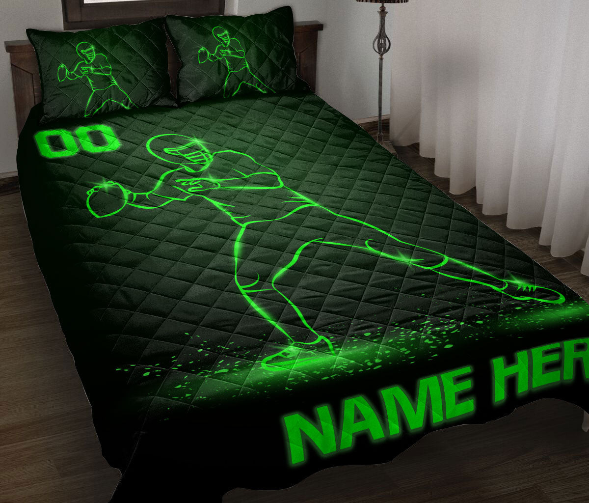 Personalized Football Quilt Bedding Set, Football Player Green Quilt Blanket With Pillowcases, Custom Name and Number Duvet Cover Set