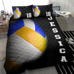 Personalized Volleyball Quilt Bedding Set, Volleyball Ball 3D Black Quilt Blanket With Pillowcases, Custom Name and Number Duvet Cover Set