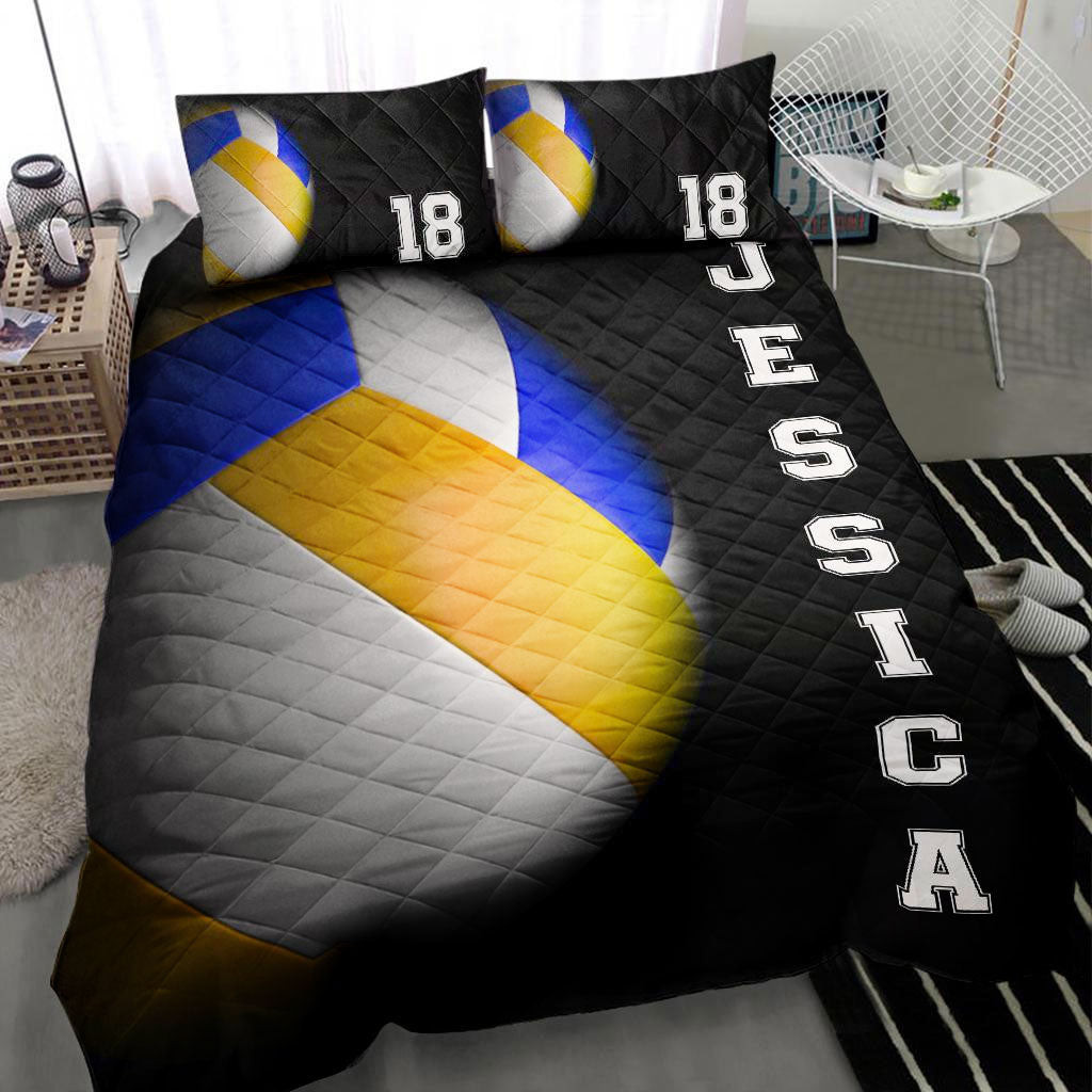 Personalized Volleyball Quilt Bedding Set, Volleyball Ball 3D Black Quilt Blanket With Pillowcases, Custom Name and Number Duvet Cover Set