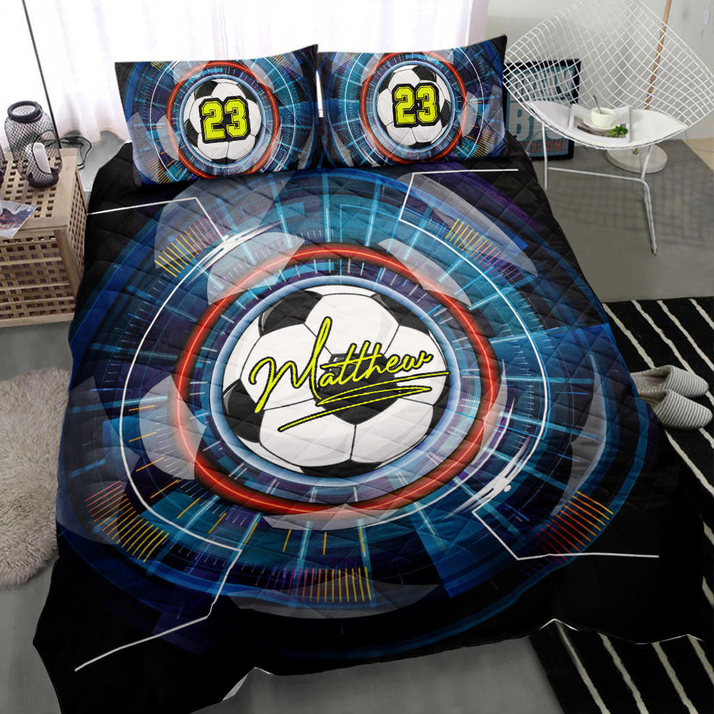 Personalized Soccer Quilt Bedding Set, Soccer Ball Effect Black Blue Quilt Blanket With Pillowcases, Custom Name and Number Duvet Cover Set