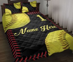 Personalized Softball Quilt Bedding Set, Softball Ball Quilt Blanket With Pillowcases, Custom Name and Number Duvet Cover Set