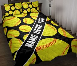 Personalized Softball Quilt Bedding Set, Softball Ball Quilt Blanket With Pillowcases, Custom Name and Number Duvet Cover Set