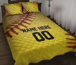 Personalized Softball Quilt Bedding Set, Softball Ball Quilt Blanket With Pillowcases, Custom Name and Number Duvet Cover Set