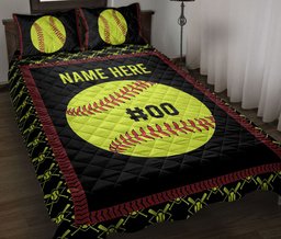 Personalized Softball Quilt Bedding Set, Softball Ball Quilt Blanket With Pillowcases, Custom Name and Number Duvet Cover Set