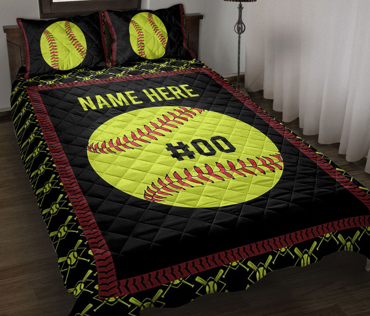 Personalized Softball Quilt Bedding Set, Softball Ball Quilt Blanket With Pillowcases, Custom Name and Number Duvet Cover Set