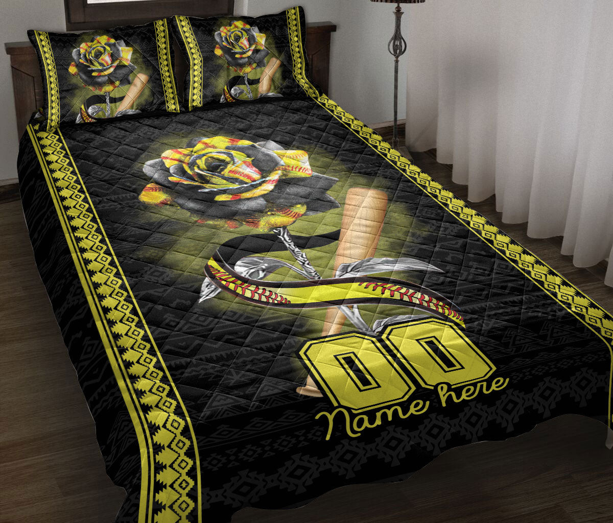 Personalized Softball Quilt Bedding Set, Softball Rose Rosy Yellow Ball Quilt Blanket With Pillowcases, Custom Name and Number Duvet Cover Set