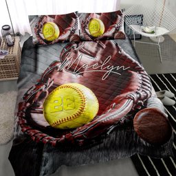 Personalized Softball Quilt Bedding Set, Softball Ball Glove Quilt Blanket With Pillowcases, Custom Name and Number Duvet Cover Set