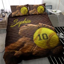 Personalized Softball Quilt Bedding Set, Softball Ball Glove Quilt Blanket With Pillowcases, Custom Name and Number Duvet Cover Set