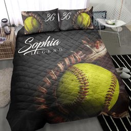 Personalized Softball Quilt Bedding Set, Softball Ball Glove Quilt Blanket With Pillowcases, Custom Name and Number Duvet Cover Set