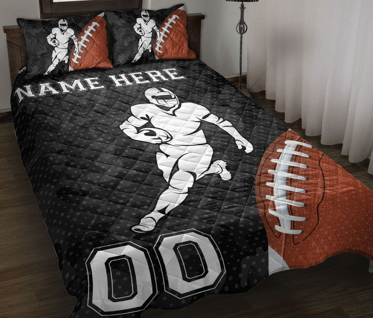 Personalized Football Quilt Bedding Set, American Football Ball Black Quilt Blanket With Pillowcases, Custom Name and Number Duvet Cover Set