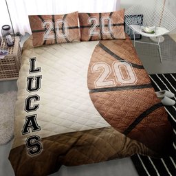 Personalized Basketball Quilt Bedding Set, Basketball Ball Quilt Blanket With Pillowcases, Custom Name and Number Duvet Cover Set