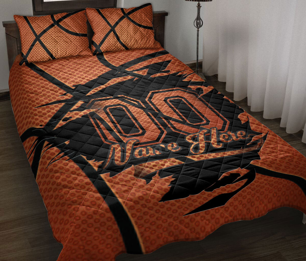 Personalized Basketball Quilt Bedding Set, Basketball Ball Quilt Blanket With Pillowcases, Custom Name and Number Duvet Cover Set