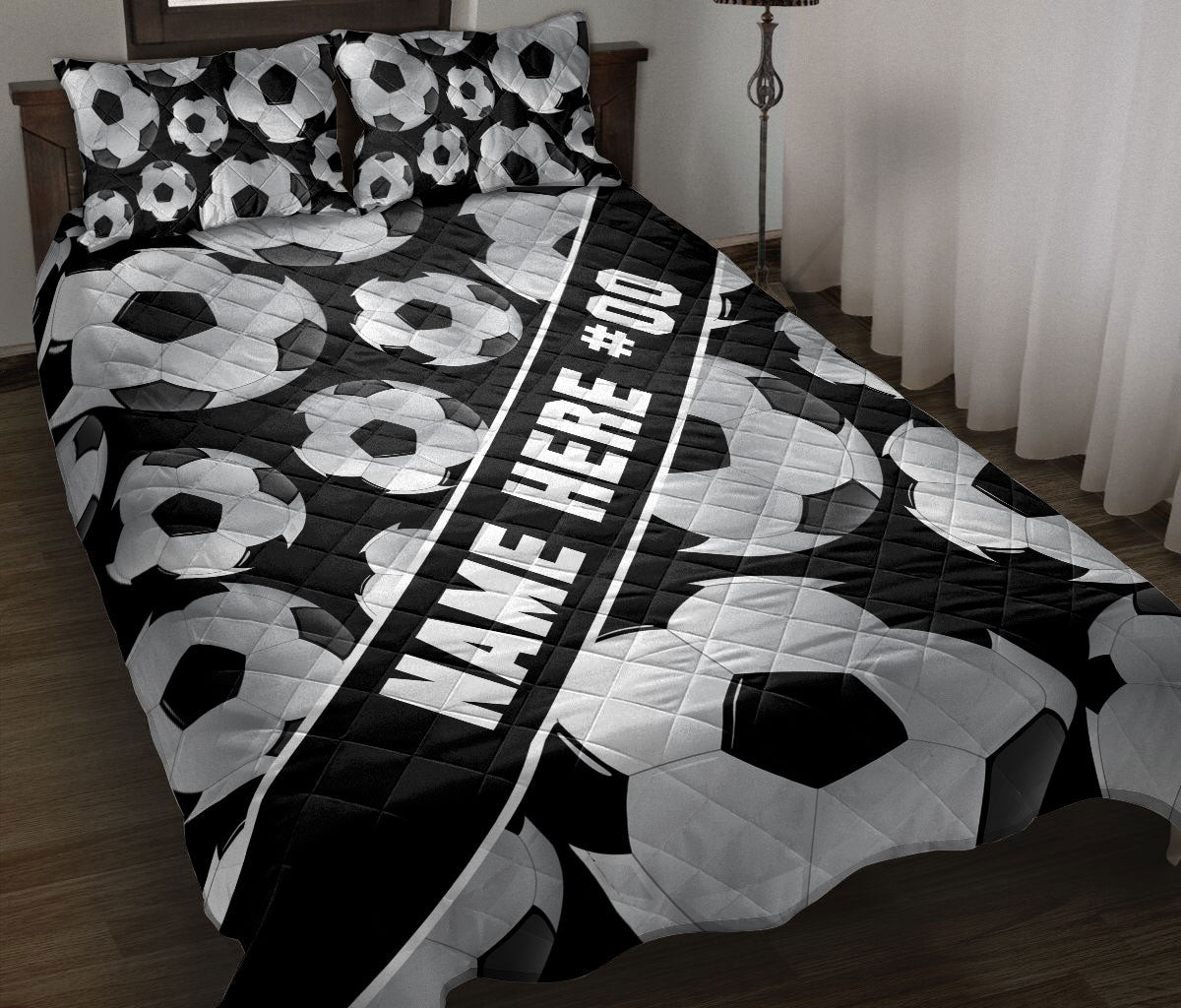 Personalized Soccer Quilt Bedding Set, Soccer Ball Quilt Blanket With Pillowcases, Custom Name and Number Duvet Cover Set