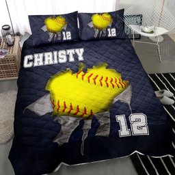 Personalized Softball Quilt Bedding Set, Softball Ball Crack Quilt Blanket With Pillowcases, Custom Name and Number Duvet Cover Set