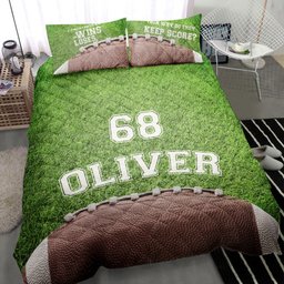 Personalized Football Quilt Bedding Set, Football Ball Green Field Quilt Blanket With Pillowcases, Custom Name and Number Duvet Cover Set