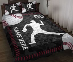 Personalized Baseball Quilt Bedding Set, Baseball Ball Pitcher Black Quilt Blanket With Pillowcases, Custom Name and Number Duvet Cover Set, Sports Gifts