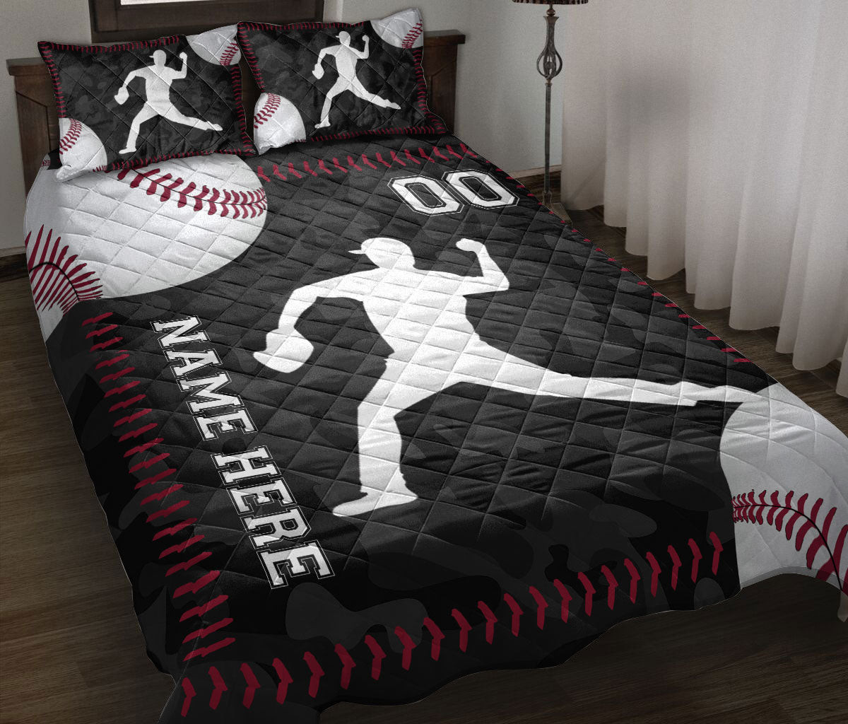 Personalized Baseball Quilt Bedding Set, Baseball Ball Pitcher Black Quilt Blanket With Pillowcases, Custom Name and Number Duvet Cover Set, Sports Gifts