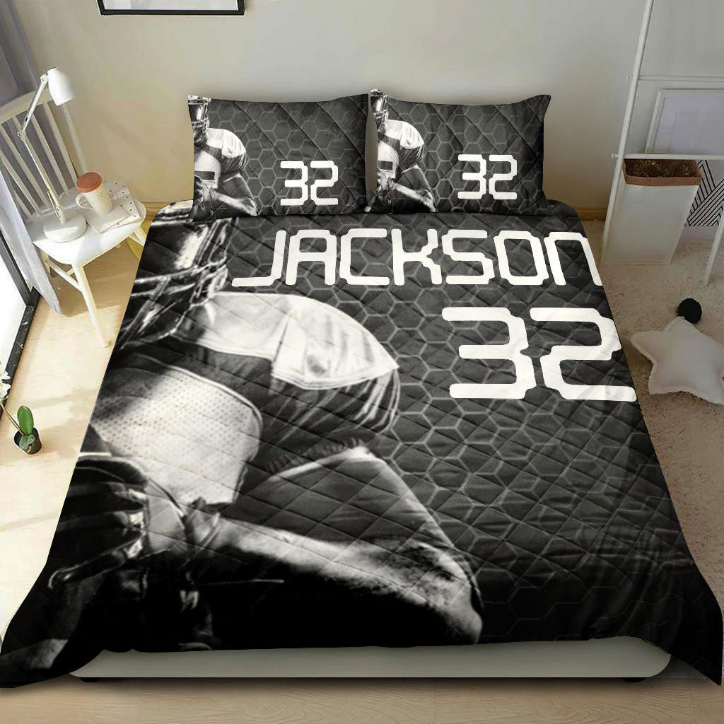 Personalized Football Quilt Bedding Set, Football Boy Hexagon Black Quilt Blanket With Pillowcases, Custom Name and Number Duvet Cover Set