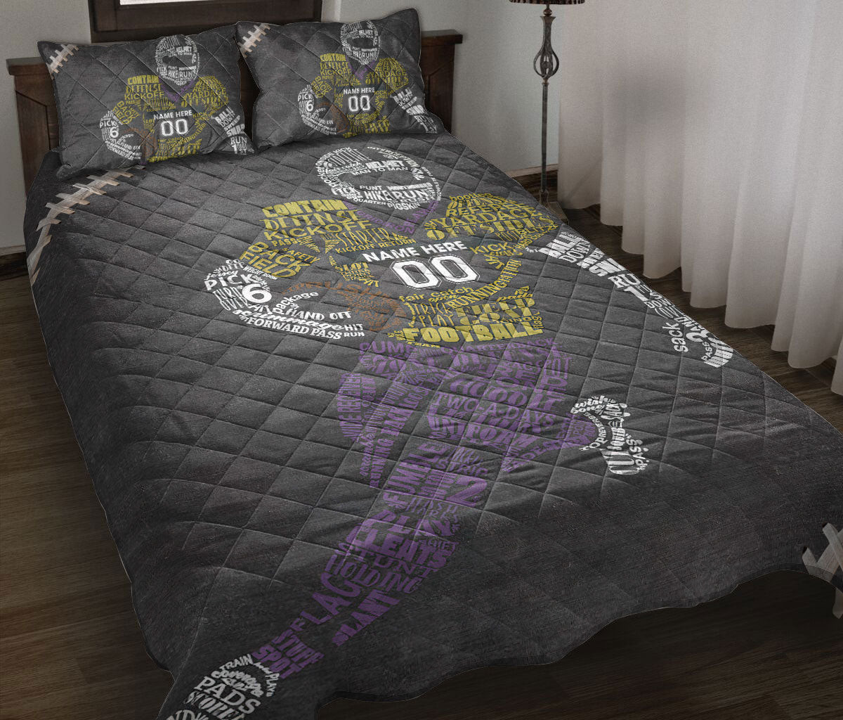 Personalized Football Quilt Bedding Set, Football Player Yellow Grey Quilt Blanket With Pillowcases, Custom Name and Number Duvet Cover Set