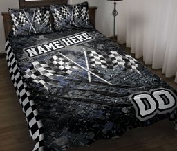 Personalized Racing Quilt Bedding Set, Racing Checkered Flag Quilt Blanket With Pillowcases, Custom Name and Number Duvet Cover Set