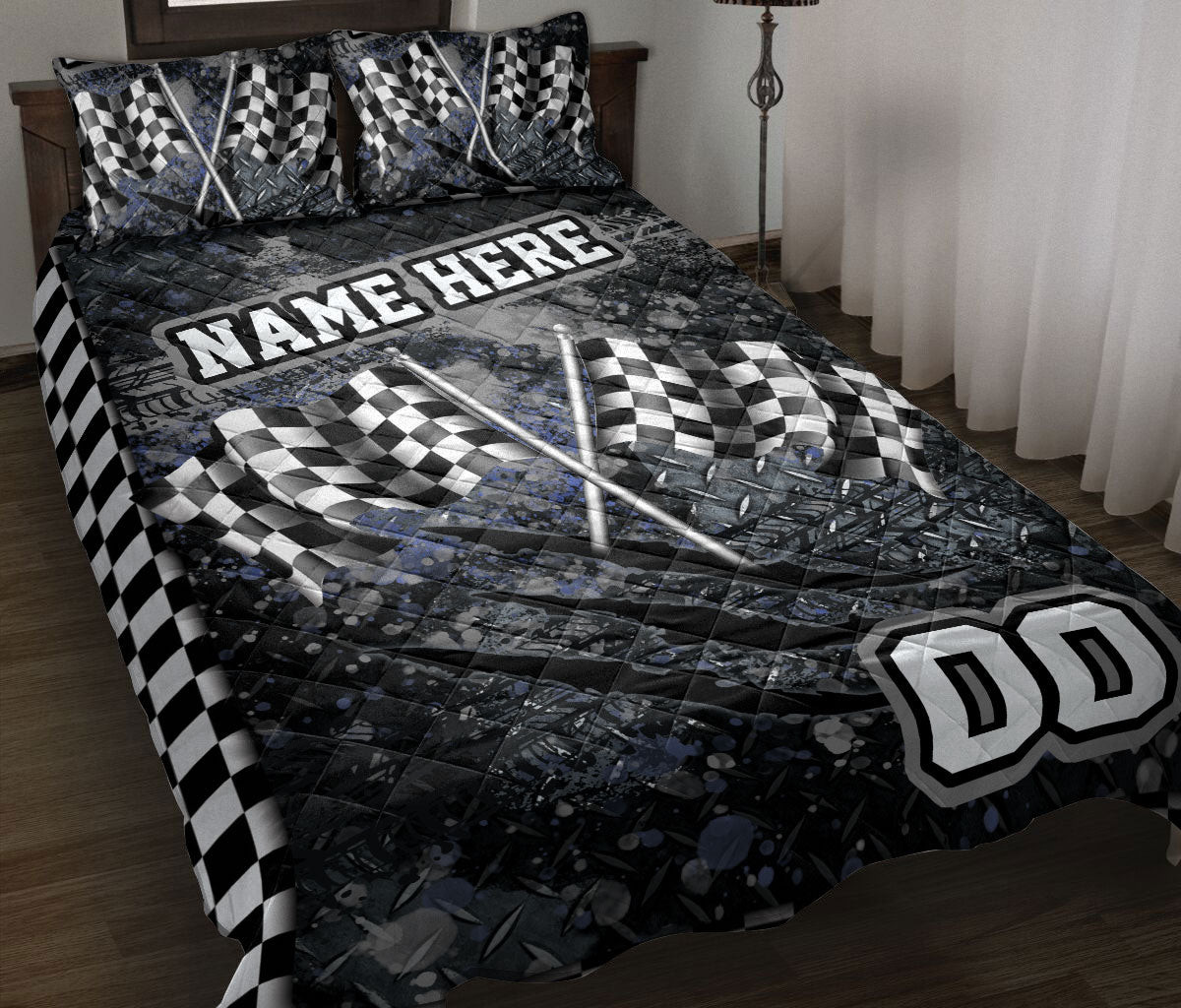 Personalized Racing Quilt Bedding Set, Racing Checkered Flag Quilt Blanket With Pillowcases, Custom Name and Number Duvet Cover Set