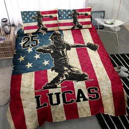 Personalized Baseball Quilt Bedding Set, Baseball Catcher US Flag Quilt Blanket With Pillowcases, Custom Name and Number Duvet Cover Set, Sports Gifts