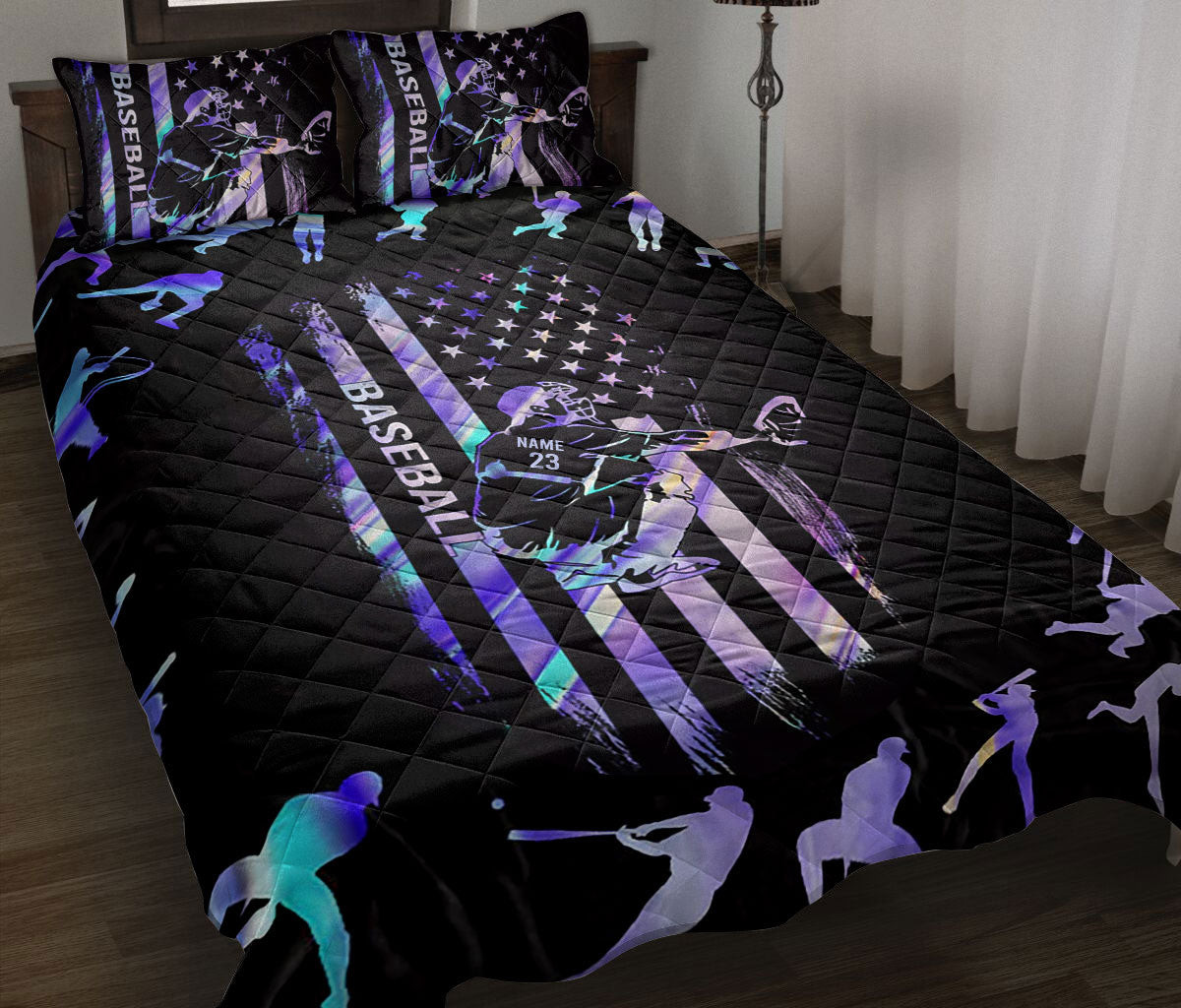Personalized Baseball Quilt Bedding Set, Baseball Catcher US Flag Quilt Blanket With Pillowcases, Custom Name and Number Duvet Cover Set, Sports Gifts
