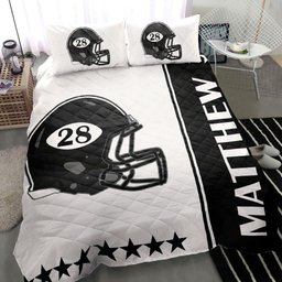 Personalized Football Quilt Bedding Set, Football Helmet Black White Quilt Blanket With Pillowcases, Custom Name and Number Duvet Cover Set
