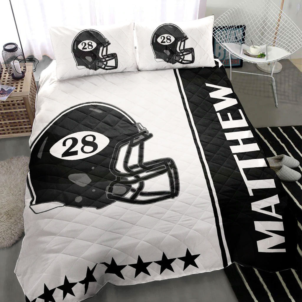 Personalized Football Quilt Bedding Set, Football Helmet Black White Quilt Blanket With Pillowcases, Custom Name and Number Duvet Cover Set