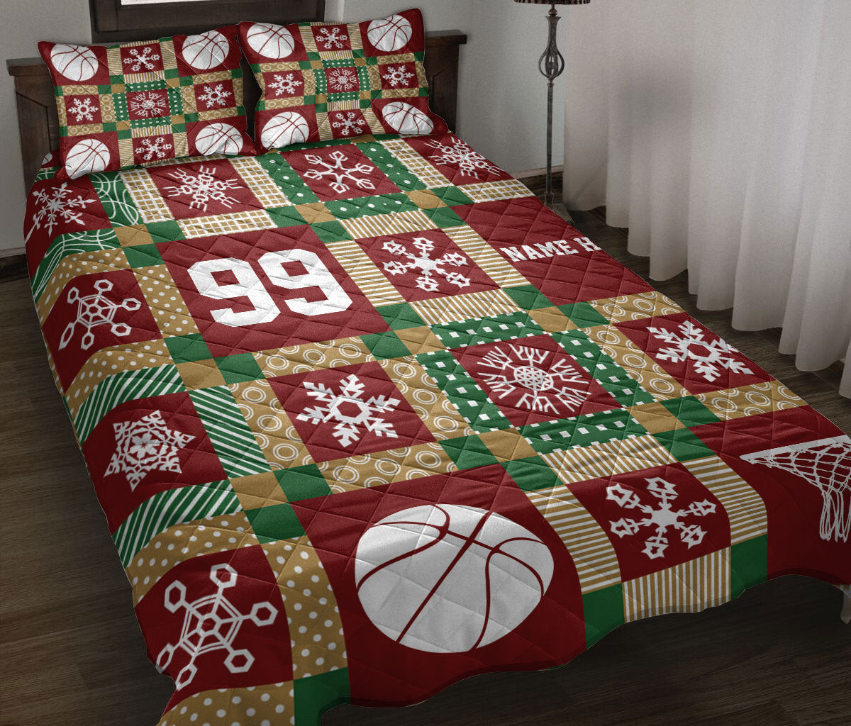 Personalized Basketball Quilt Bedding Set, Christmas Basketball Xmasmas Quilt Blanket With Pillowcases, and Number Bedding, Christmas Gift